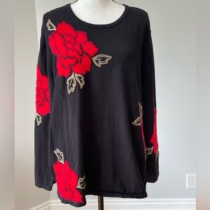 Alfred Dunner women's size 2X long sleeve sweater with fuzzy red roses holiday